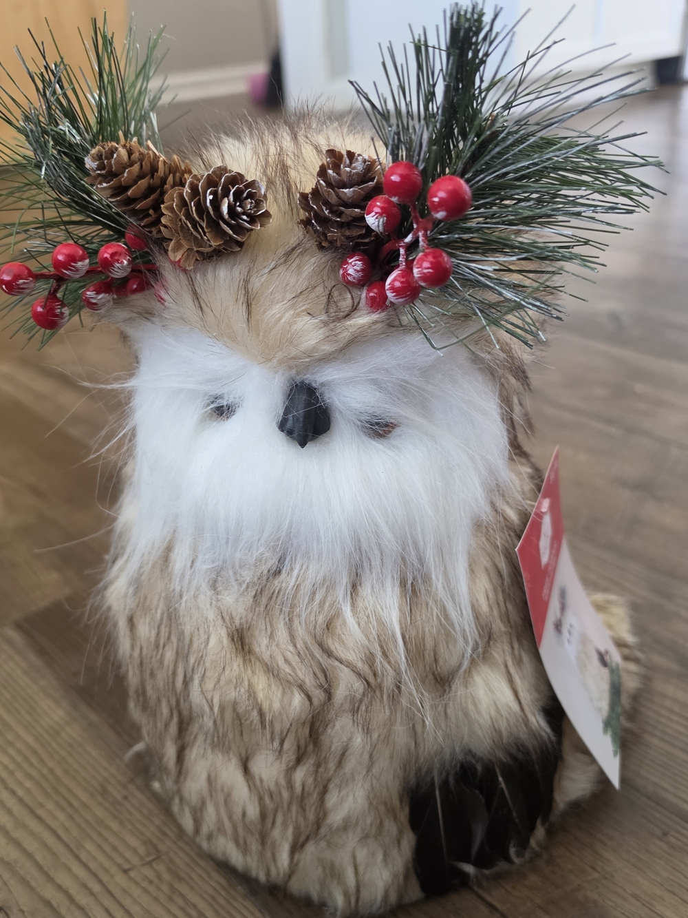 Holiday Time Brown & White Festive Owl with Pinecone and Red Berry Accents